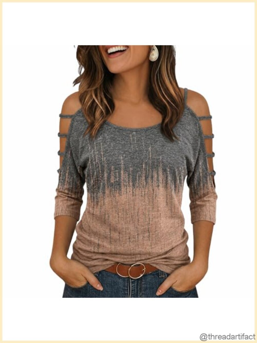 Women's Cold Shoulder Tunic Top 3/4 Sleeve Striped Cutout Casual Blouse